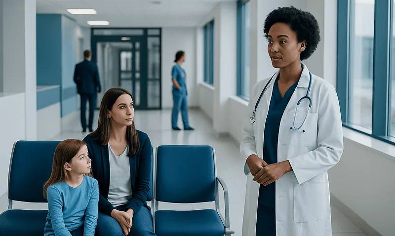 Doctor consulting with young girl and mother in hospital corridor.