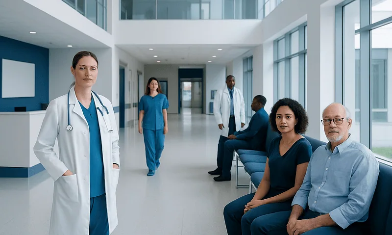 Healthcare professionals and patients in a modern hospital corridor.