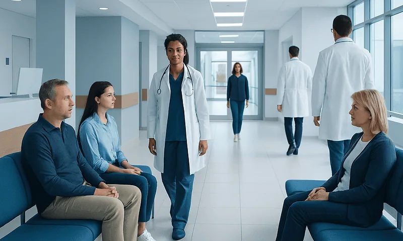 Healthcare professionals and patients in a modern hospital corridor.