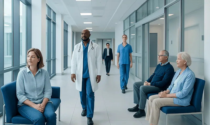 Medical professionals and patients in a modern hospital corridor.