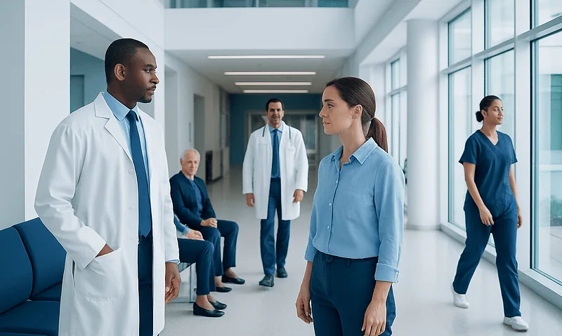 Medical team discussing patient care in hospital corridor.