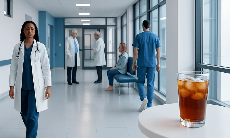 Hospital corridor with medical staff and a glass of iced tea on a table.