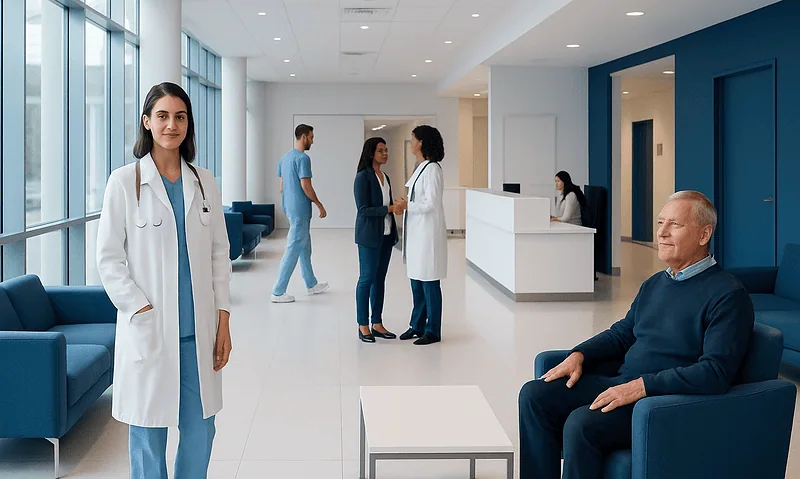 Modern hospital lobby with medical staff and patients in a bright, welcoming environment.