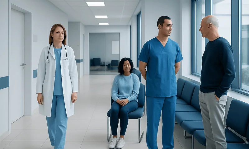 Medical team consulting in hospital corridor with patient.