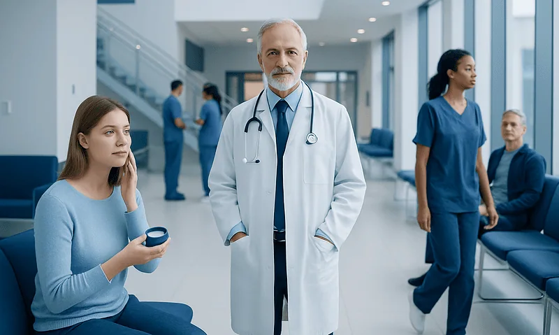 Medical team in hospital lobby with doctor and nurses.