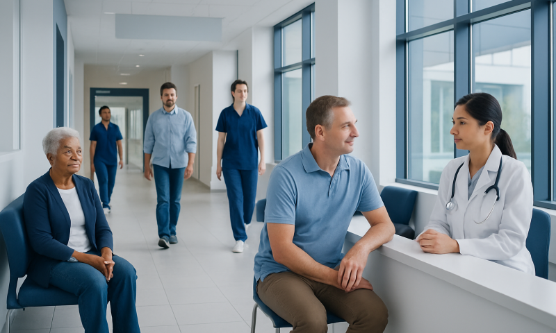 Doctor consulting with a patient in a hospital corridor with other staff members present.