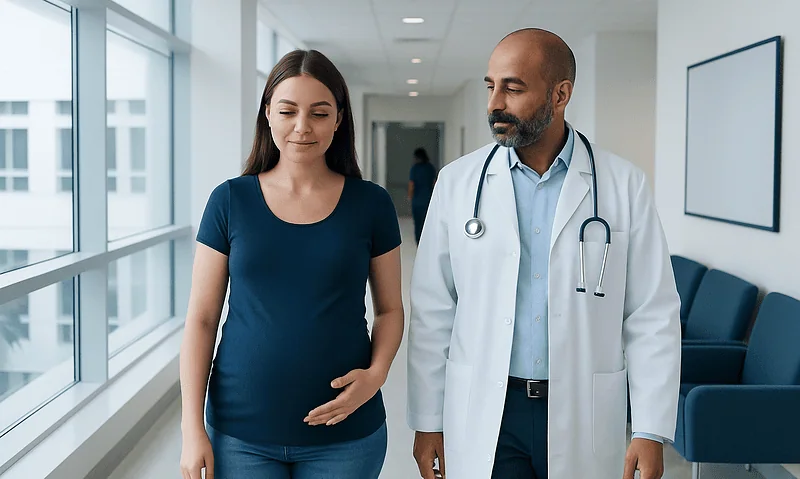 Pregnant woman consulting with a doctor in a hospital corridor.