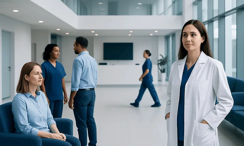 Healthcare professionals and a patient in a modern hospital lobby.