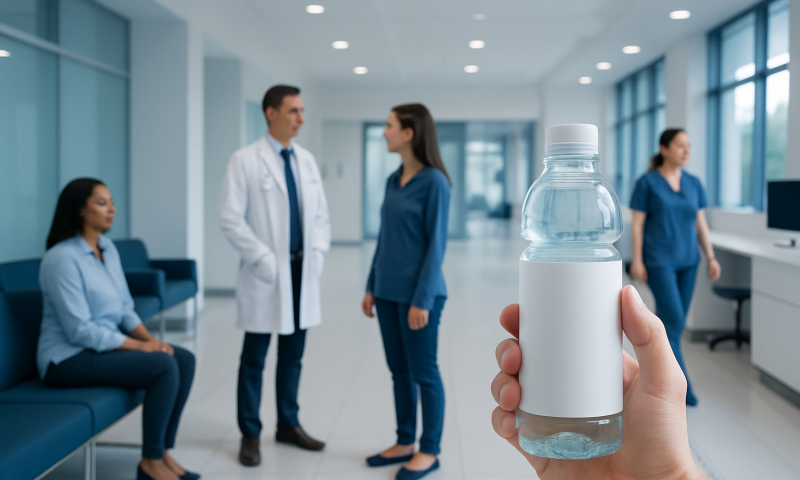 Doctor and nurses in hospital corridor with hand holding water bottle.
