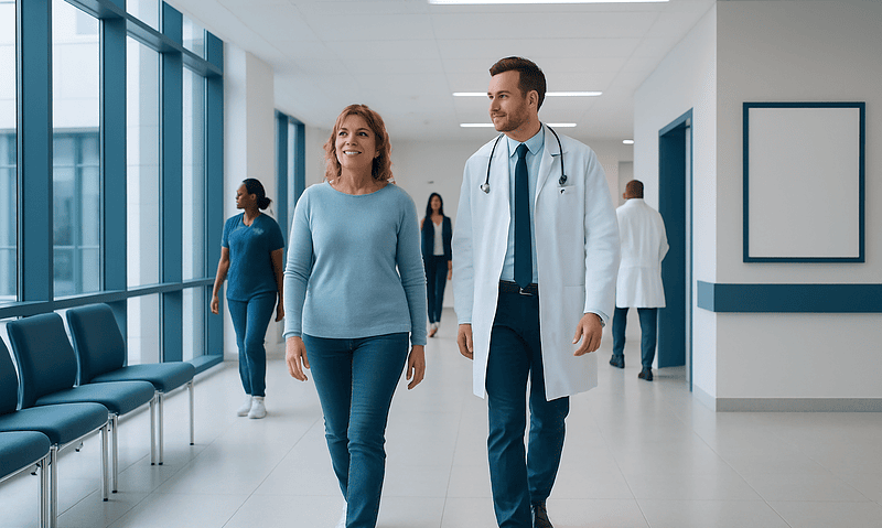 Doctor and patient walking in hospital corridor with medical staff in background.