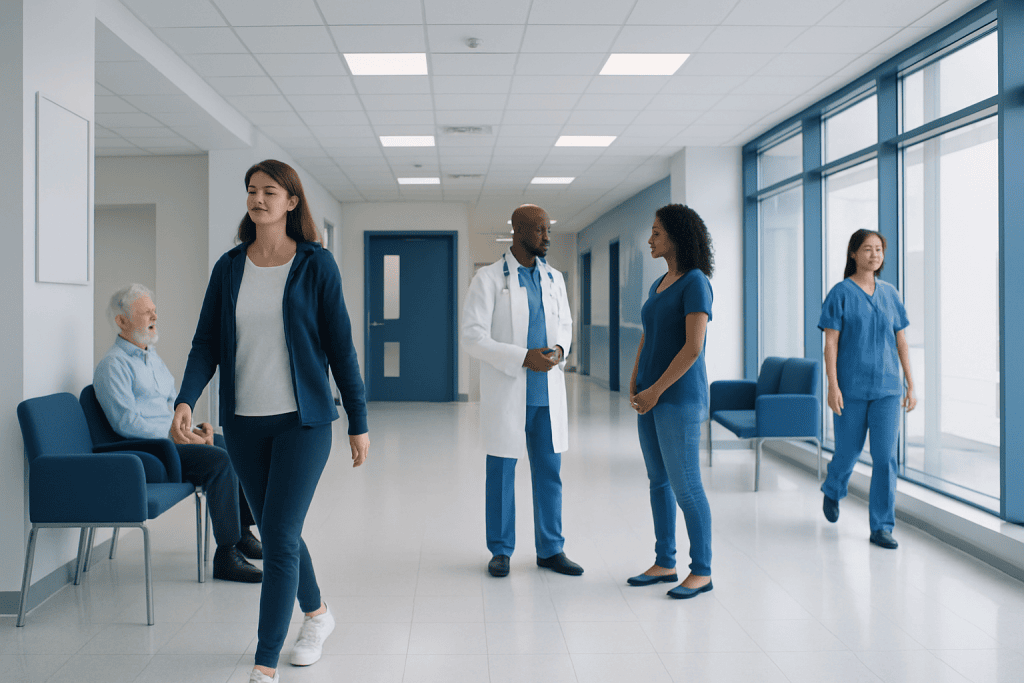 Is Walking Cardio? A Doctor-Reviewed Answer 1 Hospital corridor with medical staff and patients in blue scrubs and casual attire.