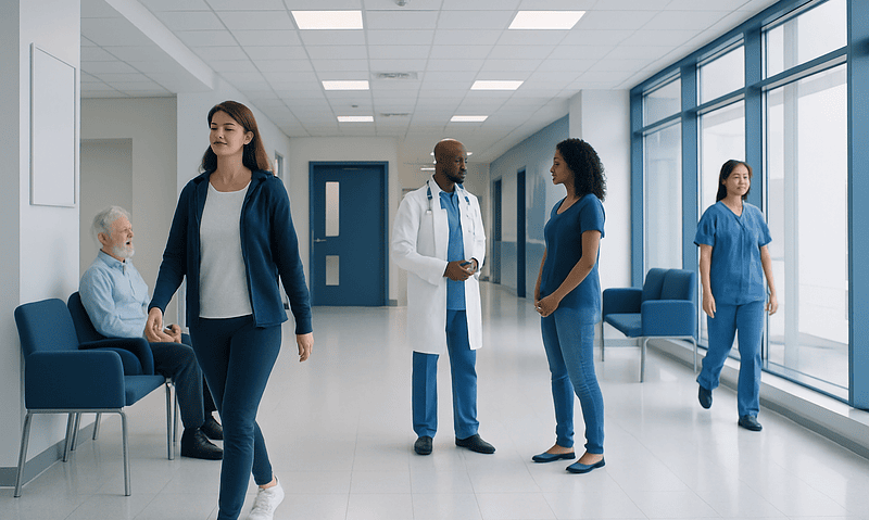 Hospital corridor with medical staff and patients in blue scrubs and casual attire.