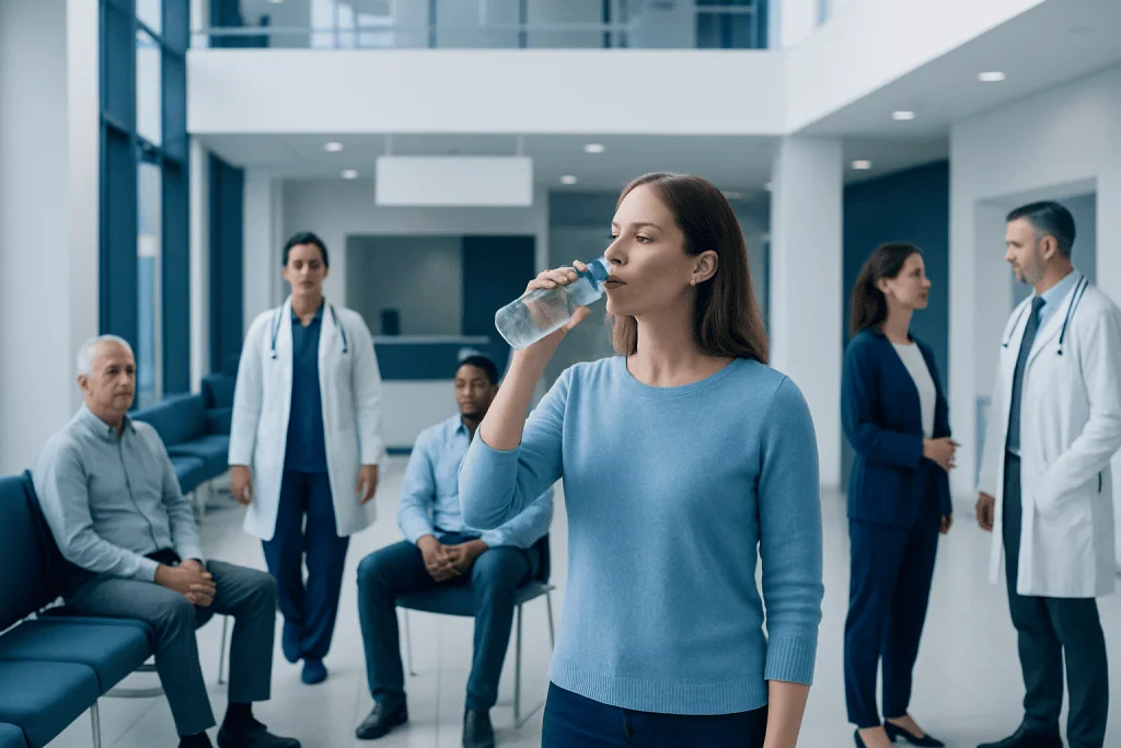 Water From Bottle: A Complete Medical Overview 1 Young woman drinking water in a hospital waiting area with medical staff.