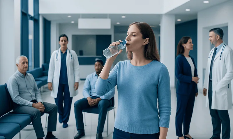 Young woman drinking water in a hospital waiting area with medical staff.