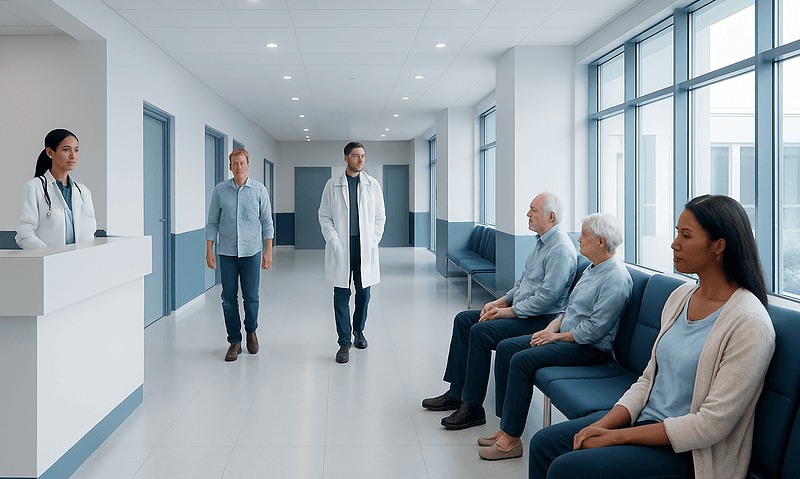 Hospital waiting area with patients and medical staff.