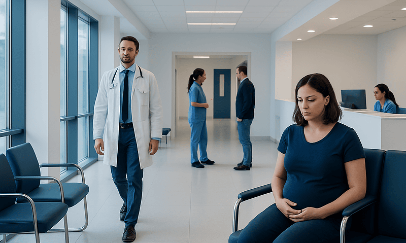 Pregnant woman waiting in hospital corridor with doctor nearby.