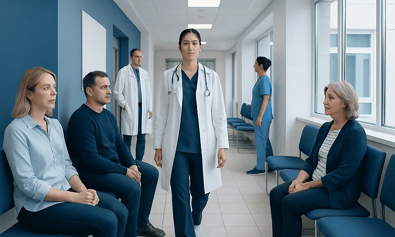 Medical team consulting with patients in a hospital corridor.