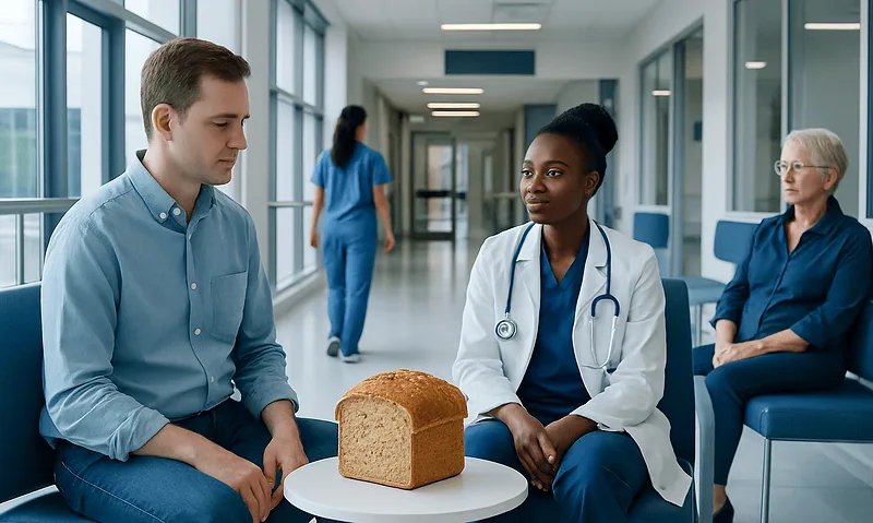 Doctor and patient discussing bread in hospital corridor.