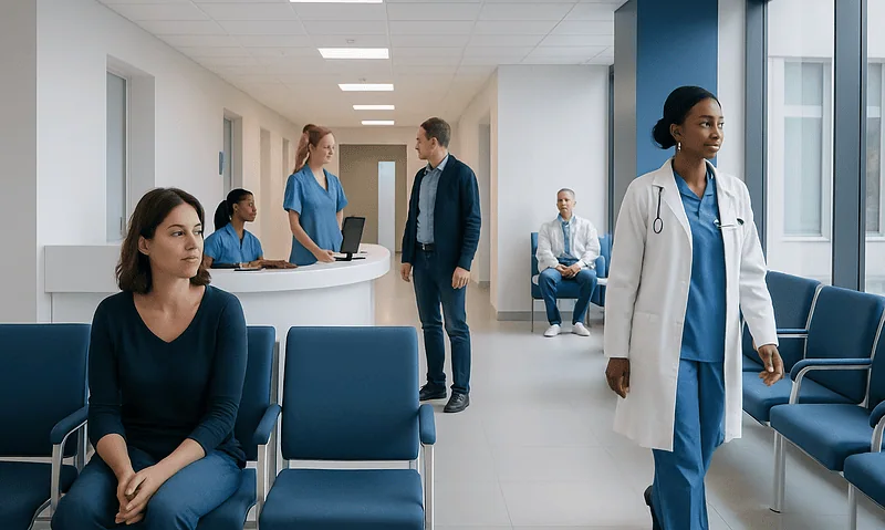 Medical clinic waiting area with patients and healthcare professionals.