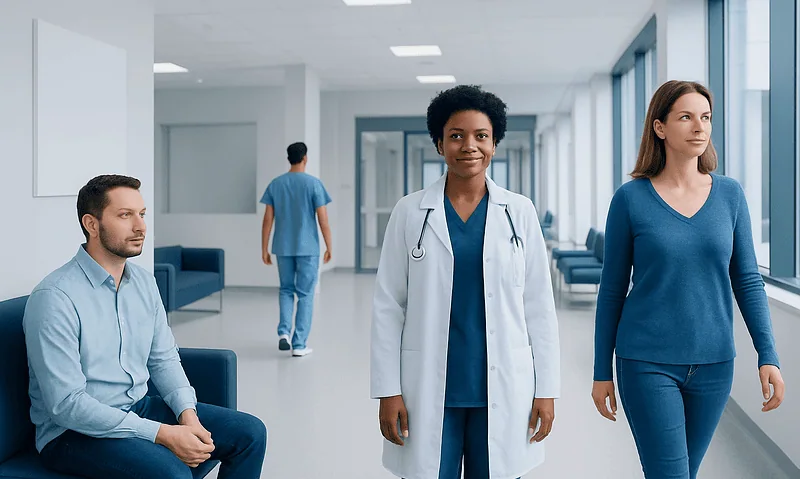 Healthcare professionals and patient in a modern hospital corridor.