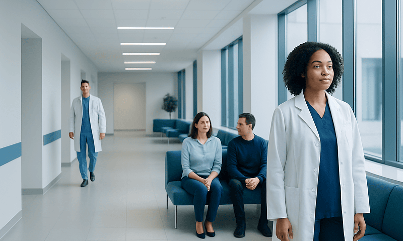 Healthcare professionals and patients in a modern hospital corridor.