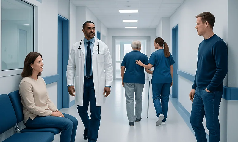 Healthcare professionals and patient in hospital corridor at Acibadem Hospitals Group.