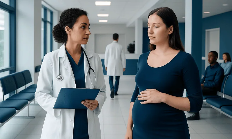 Pregnant woman consulting with a doctor in a hospital corridor.