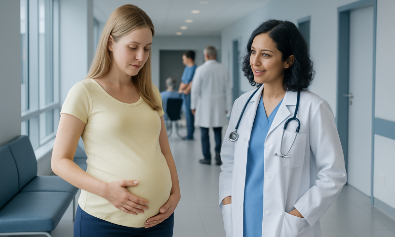 Pregnant woman consulting with a doctor in a hospital corridor.