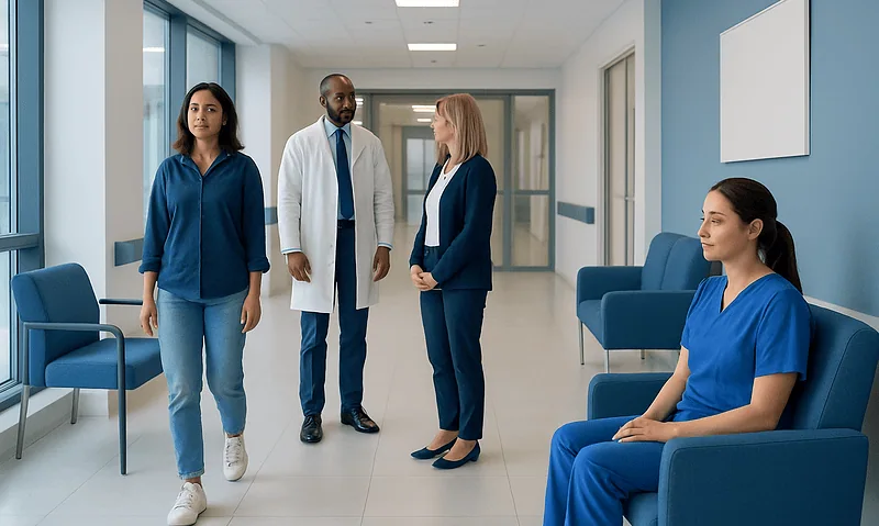 Medical team discussing patient care in hospital corridor.