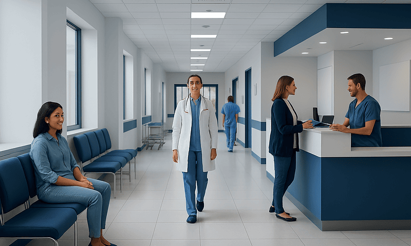Modern hospital corridor with healthcare professionals and patients.