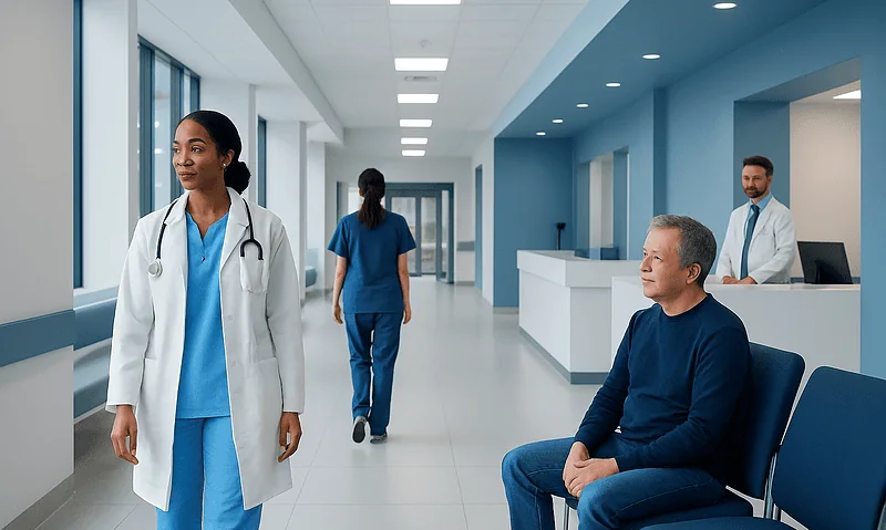 Healthcare professionals and patient in a modern hospital corridor.