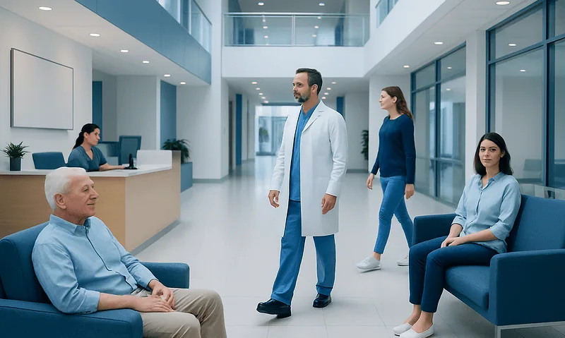 Modern hospital lobby with medical staff and patients in a bright, spacious setting.