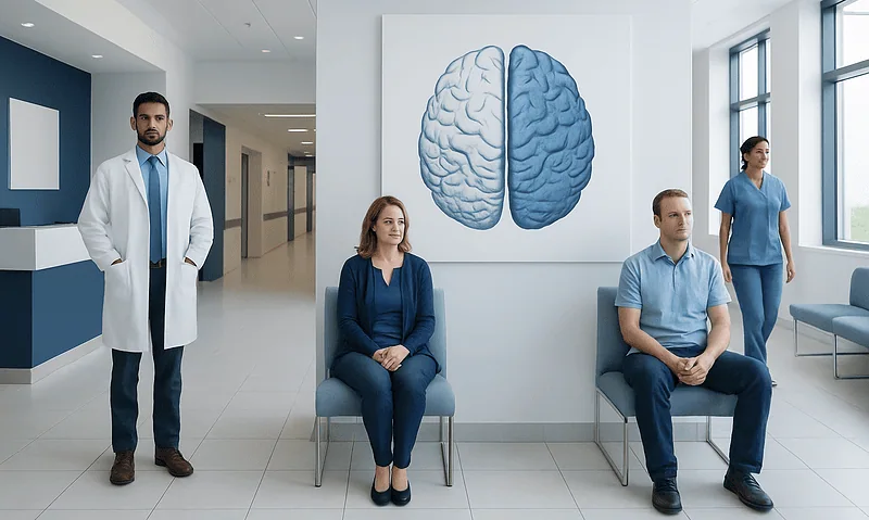 Medical professionals and patients in a neurology clinic with brain diagram.