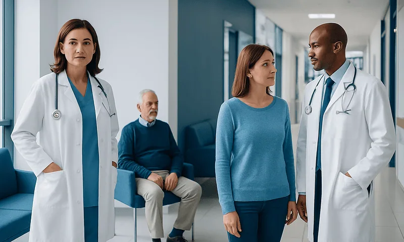 Medical consultation in hospital corridor with doctors and patient.