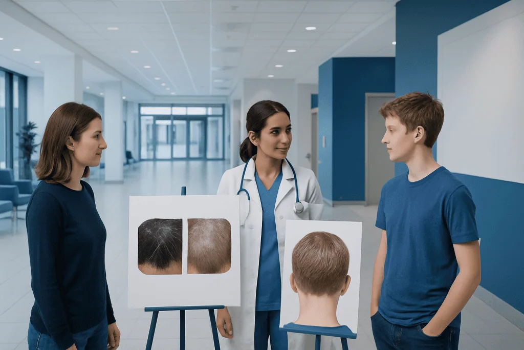 Lice vs Dandruff: Key Differences and How Doctors Tell Them Apart 1 Doctor explaining scalp conditions to young patients in a hospital corridor.