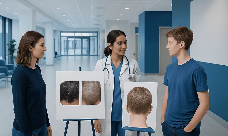 Doctor explaining scalp conditions to young patients in a hospital corridor.