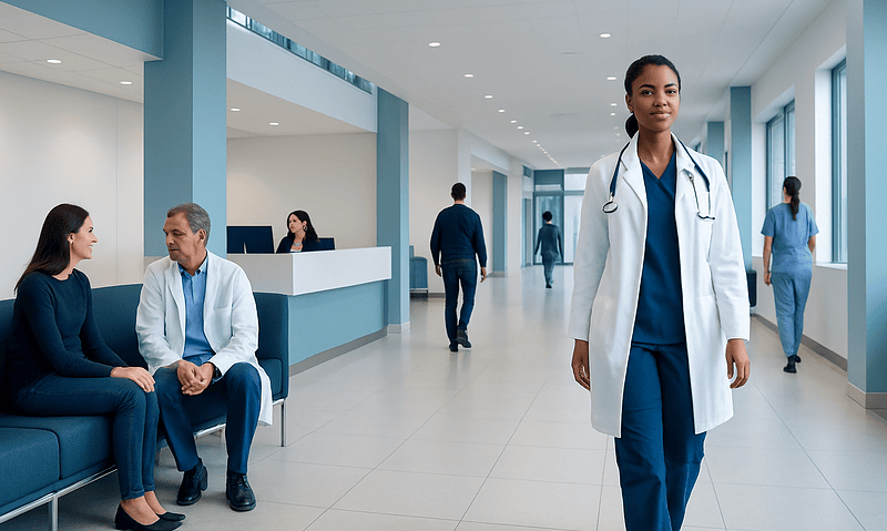 Healthcare professionals and patients in a modern hospital corridor.