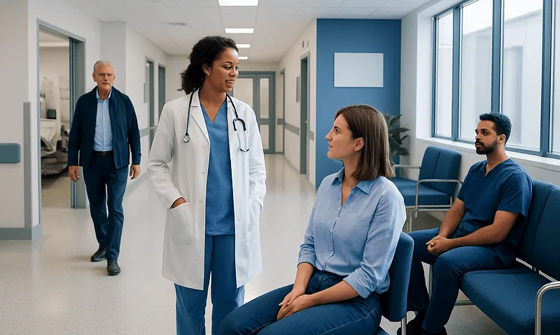 Healthcare professionals and patients in a modern hospital corridor.