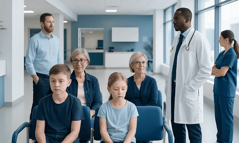 Doctor consulting with children and elderly patients in hospital waiting area.