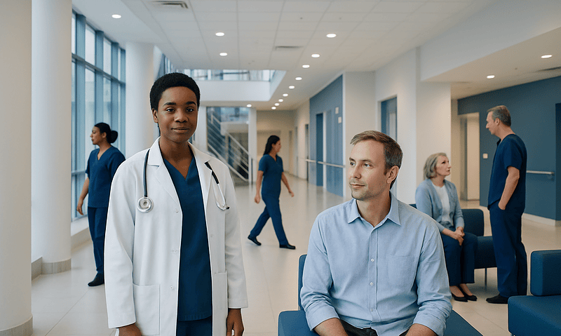 Healthcare professionals and patients in a modern hospital corridor.