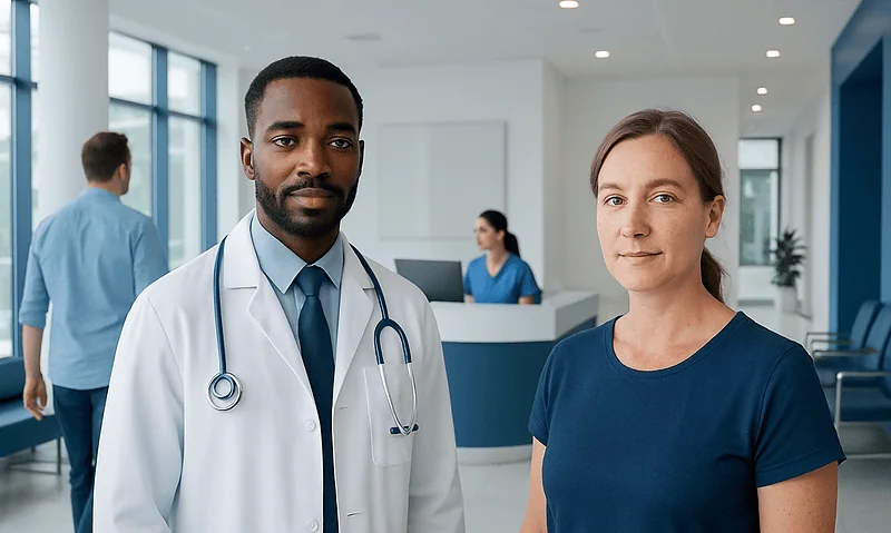 Medical professionals in a hospital setting with a doctor and patient in focus.