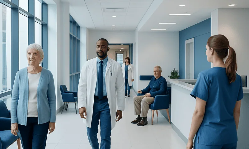 Hospital corridor with doctors and patients in a modern healthcare facility.
