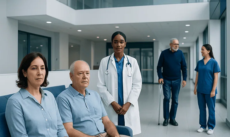 Diverse medical team in hospital lobby with patients and staff.