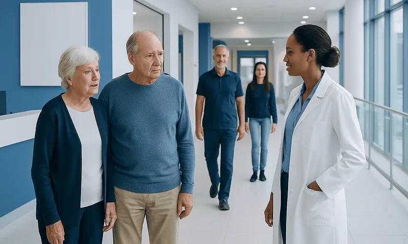 Elderly patients consulting with a doctor in a hospital corridor.