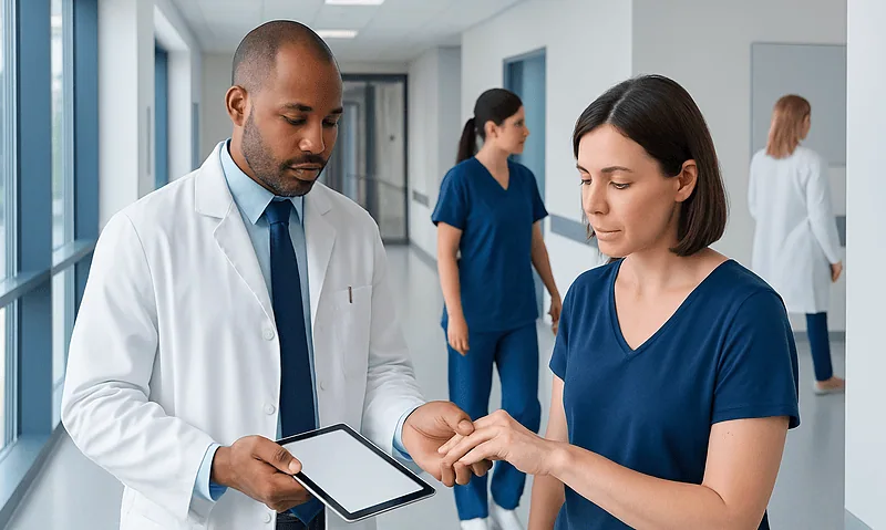 Doctor examining patient's finger in a hospital corridor.