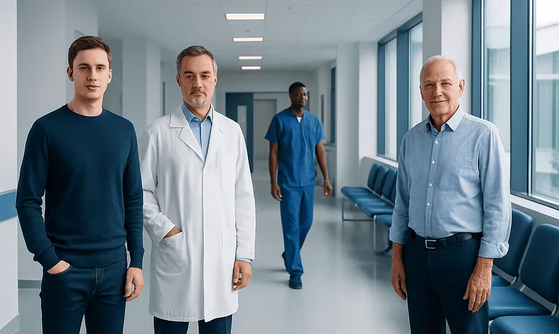 Normal Testosterone by Age: Charts, Ranges, and What Your Numbers Mean 12 Medical team in hospital corridor with large windows and seating area.