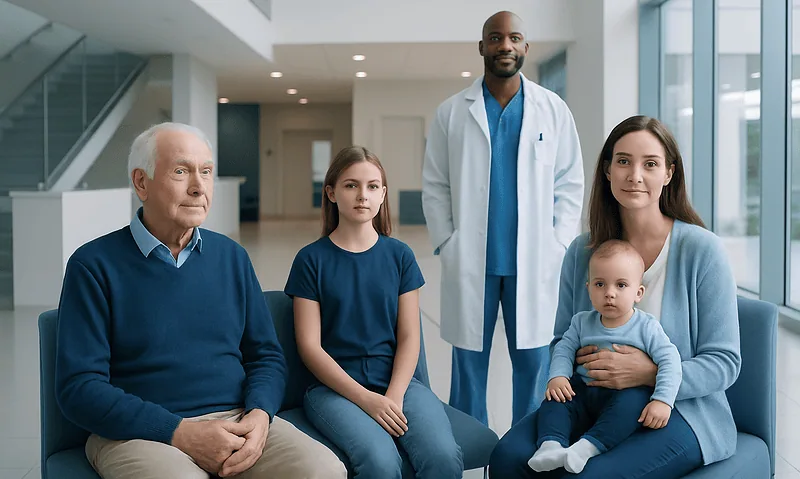 Normal Vitamin D by Age: Charts, Ranges, and What Your Numbers Mean 8 Diverse family with doctor in hospital lobby for health consultation.