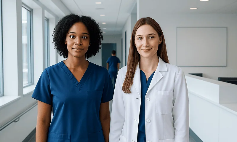 Two healthcare professionals in a hospital corridor, one in blue scrubs and one in a white coat.