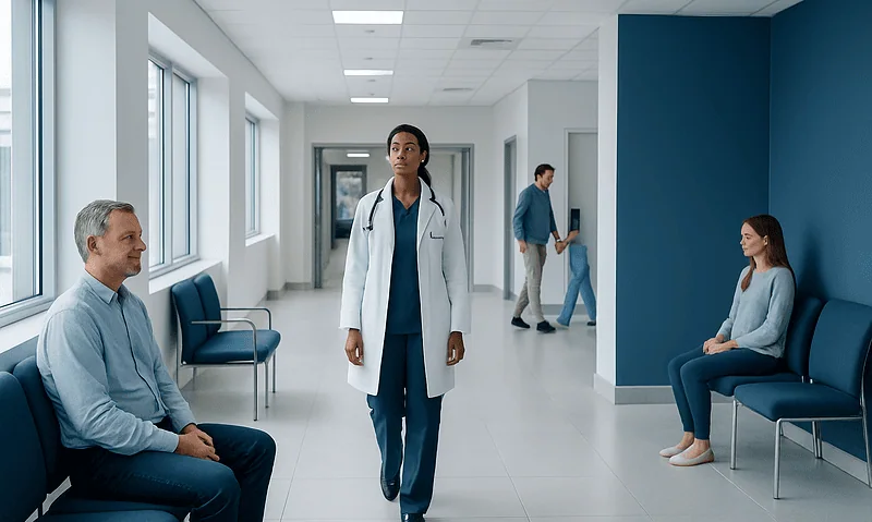 Medical professional walking through hospital corridor with patients waiting.