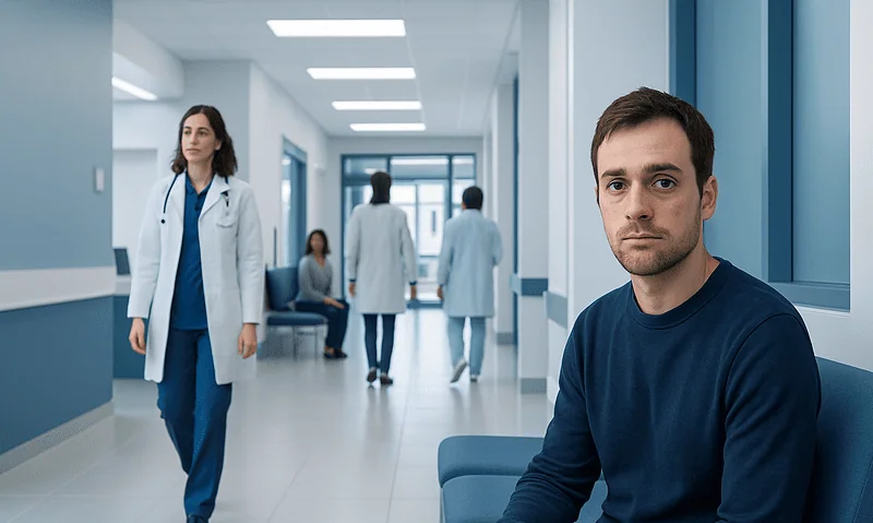 Young man waiting in hospital corridor with medical staff in background.